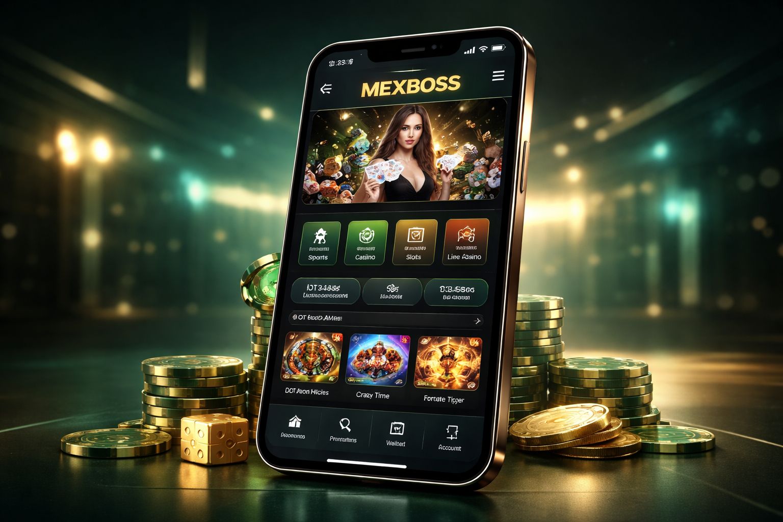 Interfaz de la app móvil MEXBOSS para casino y apuestas en smartphone