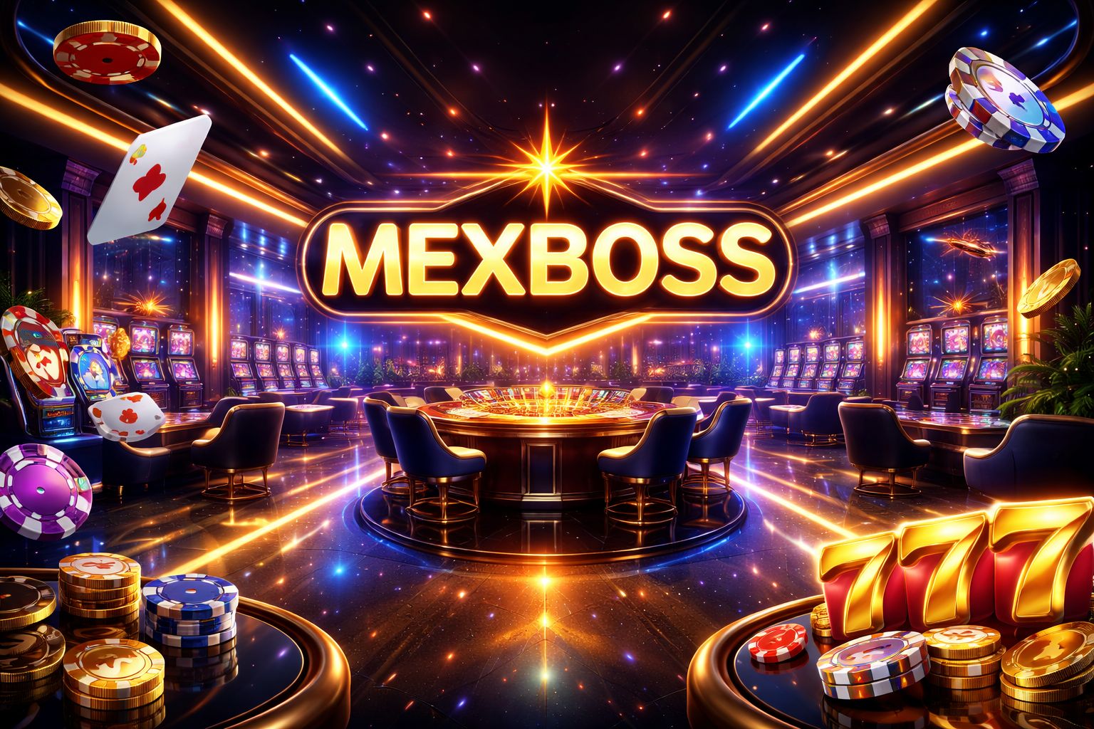 Una vibrante escena digital de casino con un letrero MEXBOSS brillante, cartas flotantes, fichas e íconos de juegos en un salón de juegos moderno.