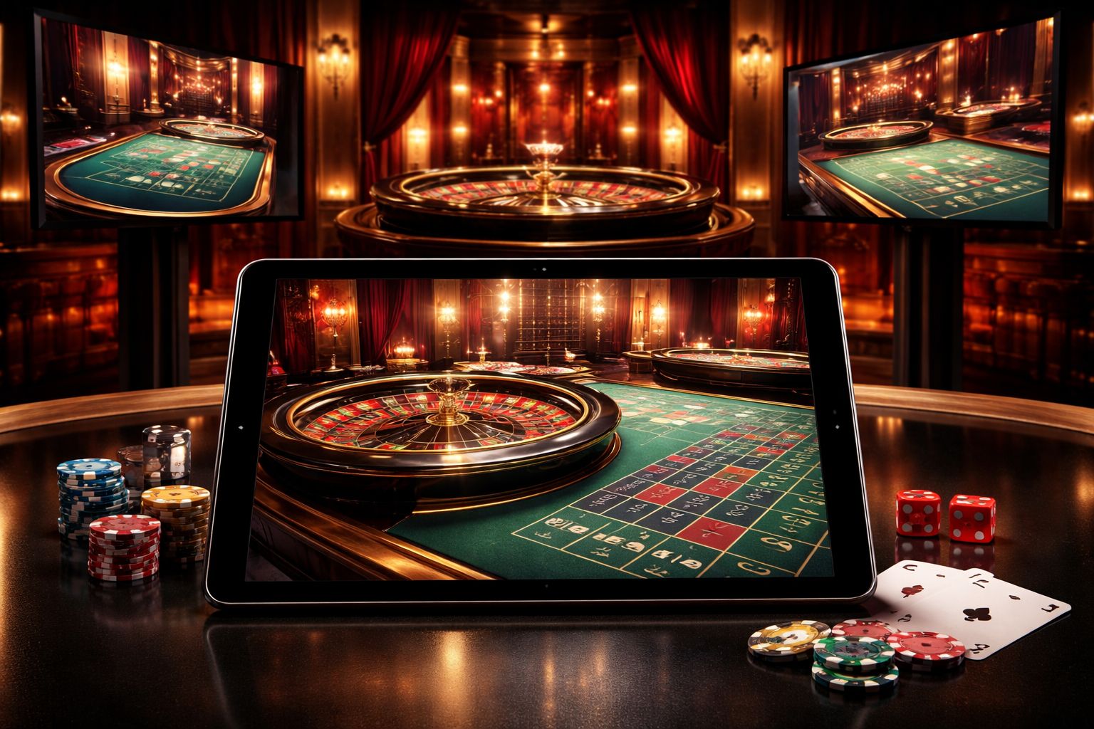 Una elegante pantalla de estudio de casino en vivo en una tableta con ruedas de ruleta, cartas y brillante iluminación ambiental de fondo.