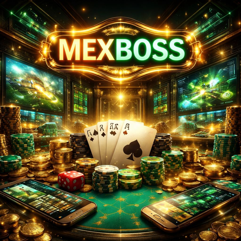 Una escena vívida de juegos con el nombre MEXBOSS brillando sobre fichas de casino, cartas, monedas y una interfaz moderna de apuestas.
