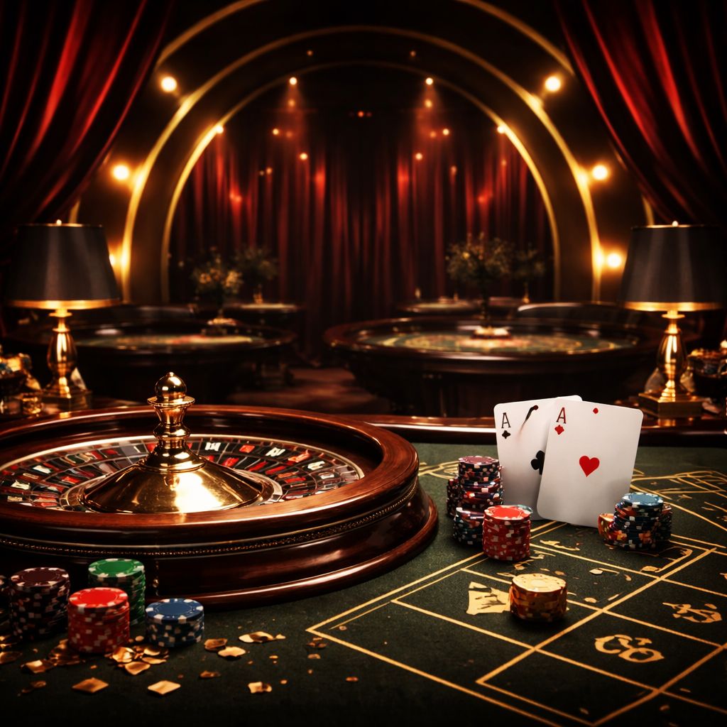 Una elegante configuración de casino en vivo con cartas, elementos de ruleta y una atmósfera premium de transmisión en MEXBOSS.